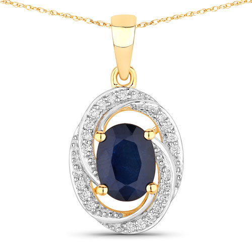 Sapphire-1.71 Carat Genuine Blue Sapphire and White Diamond 14K Yellow Gold Pendant