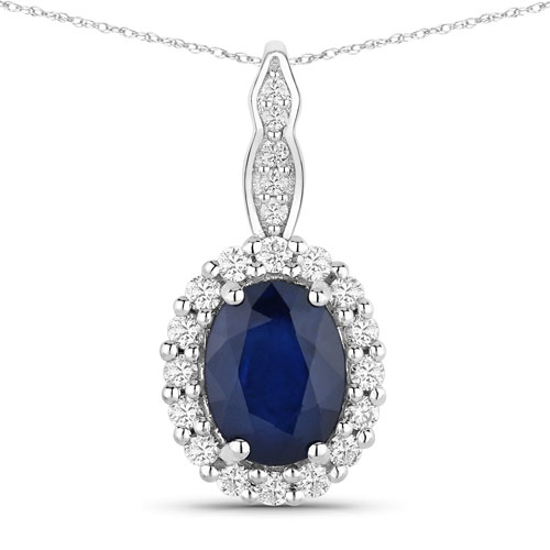 Sapphire-1.79 Carat Genuine Blue Sapphire and White Diamond 14K White Gold Pendant