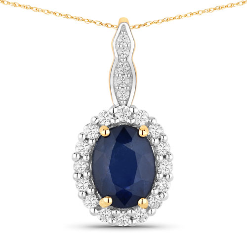 Sapphire-1.79 Carat Genuine Blue Sapphire and White Diamond 14K Yellow Gold Pendant