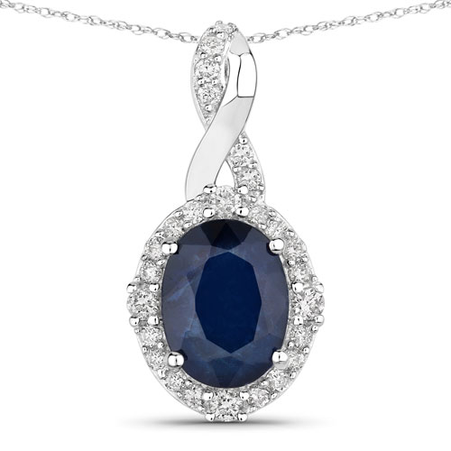 Sapphire-1.72 Carat Genuine Blue Sapphire and White Diamond 14K White Gold Pendant