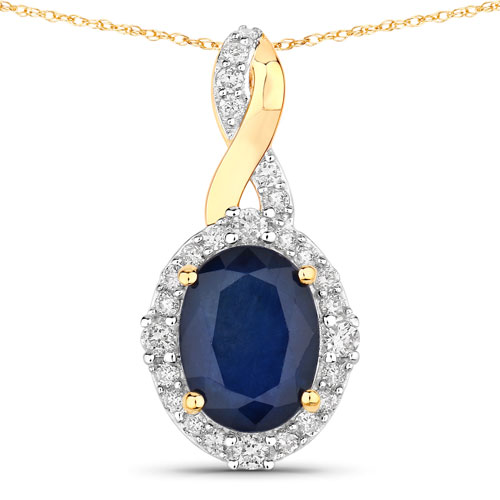 Sapphire-1.72 Carat Genuine Blue Sapphire and White Diamond 14K Yellow Gold Pendant