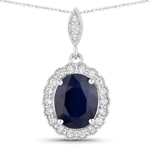 Sapphire-3.38 Carat Genuine Blue Sapphire and White Diamond 14K White Gold Pendant