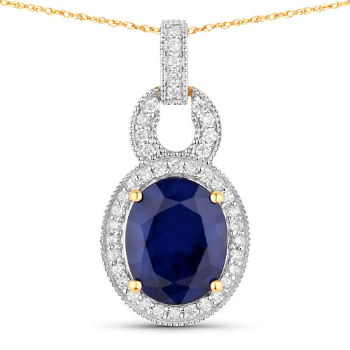 Sapphire-4.65 Carat Genuine Blue Sapphire and White Diamond 14K Yellow Gold Pendant