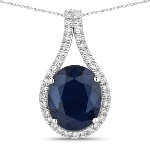 Sapphire-4.63 Carat Genuine Blue Sapphire and White Diamond 14K White Gold Pendant