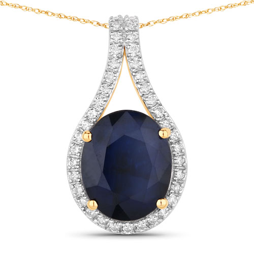 Sapphire-4.63 Carat Genuine Blue Sapphire and White Diamond 14K Yellow Gold Pendant