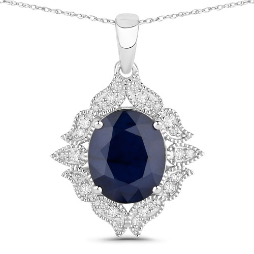 Sapphire-6.44 Carat Genuine Blue Sapphire and White Diamond 14K White Gold Pendant