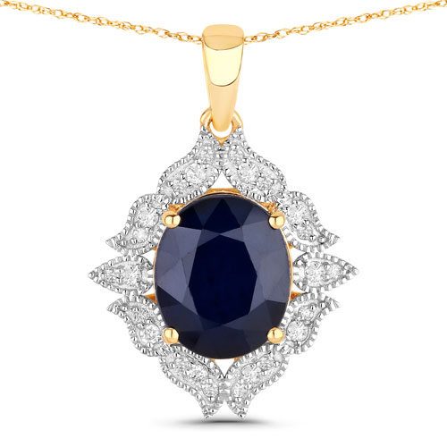 Sapphire-6.44 Carat Genuine Blue Sapphire and White Diamond 14K Yellow Gold Pendant