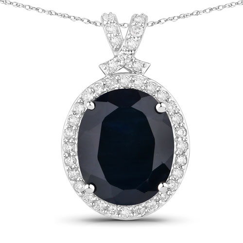 Sapphire-6.58 Carat Genuine Blue Sapphire and White Diamond 14K White Gold Pendant