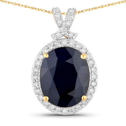 Sapphire-6.58 Carat Genuine Blue Sapphire and White Diamond 14K Yellow Gold Pendant