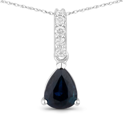 Sapphire-0.82 Carat Genuine Blue Sapphire and White Diamond 14K White Gold Pendant