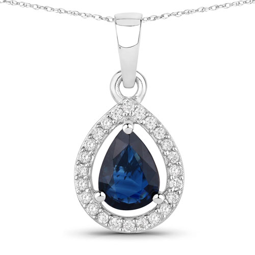 Sapphire-0.91 Carat Genuine Blue Sapphire and White Diamond 14K White Gold Pendant