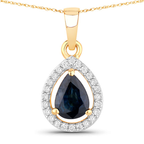 Sapphire-0.91 Carat Genuine Blue Sapphire and White Diamond 14K Yellow Gold Pendant