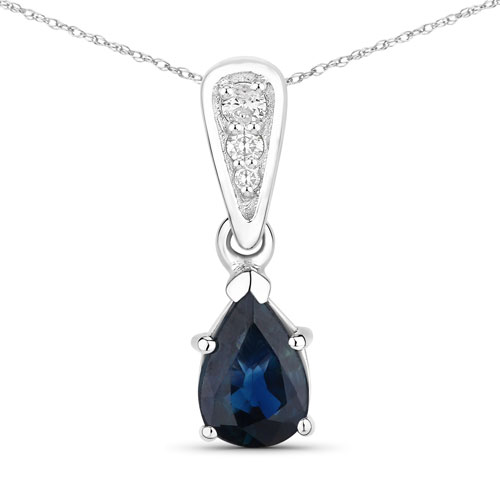 Sapphire-0.85 Carat Genuine Blue Sapphire and White Diamond 14K White Gold Pendant