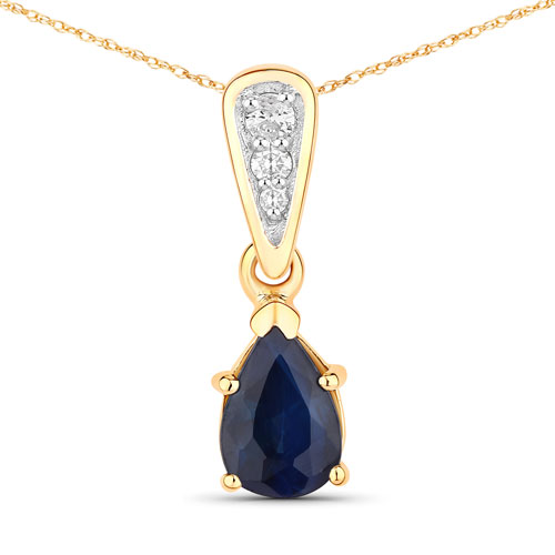 Sapphire-0.85 Carat Genuine Blue Sapphire and White Diamond 14K Yellow Gold Pendant