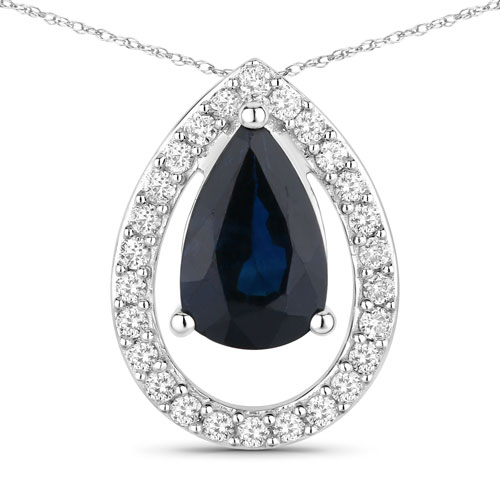 Sapphire-1.15 Carat Genuine Blue Sapphire and White Diamond 14K White Gold Pendant