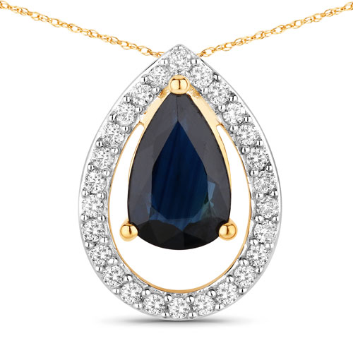 Sapphire-1.15 Carat Genuine Blue Sapphire and White Diamond 14K Yellow Gold Pendant