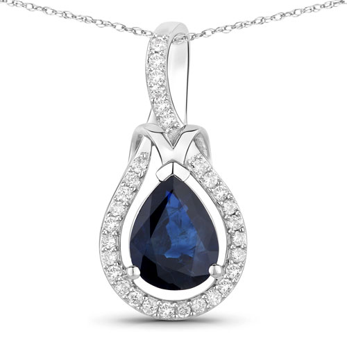 Sapphire-1.48 Carat Genuine Blue Sapphire and White Diamond 14K White Gold Pendant