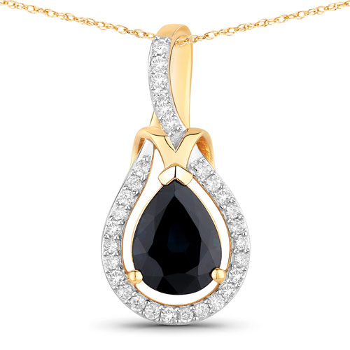 Sapphire-1.48 Carat Genuine Blue Sapphire and White Diamond 14K Yellow Gold Pendant