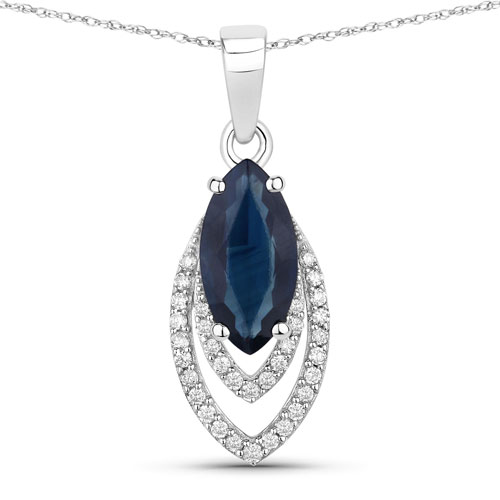 Sapphire-1.42 Carat Genuine Blue Sapphire and White Diamond 14K White Gold Pendant