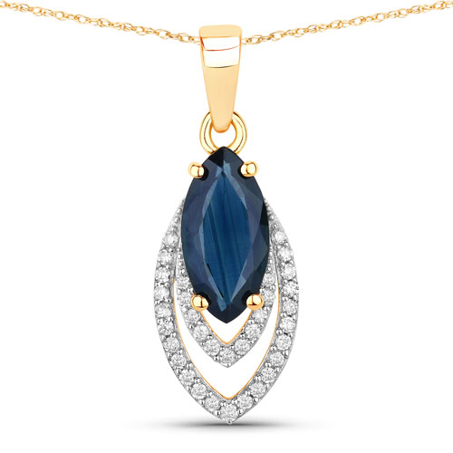 Sapphire-1.42 Carat Genuine Blue Sapphire and White Diamond 14K Yellow Gold Pendant