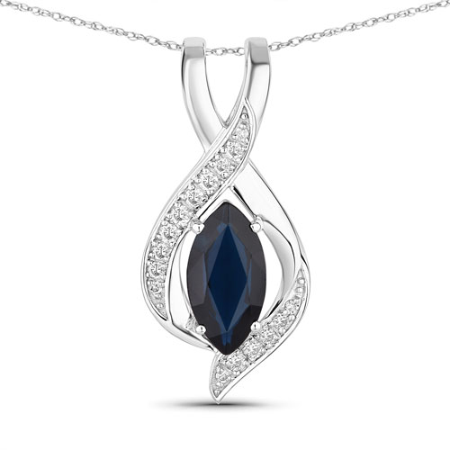 Sapphire-2.27 Carat Genuine Blue Sapphire and White Diamond 14K White Gold Pendant