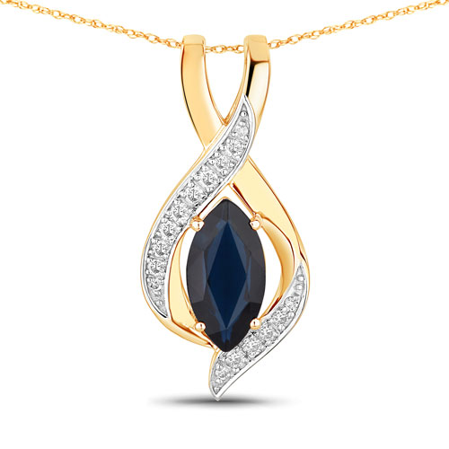 Sapphire-2.27 Carat Genuine Blue Sapphire and White Diamond 14K Yellow Gold Pendant