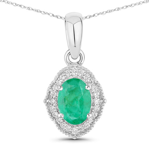 Emerald-0.82 Carat Genuine Zambian Emerald and White Diamond 14K White Gold Pendant