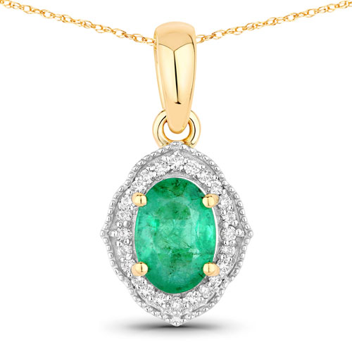 Emerald-0.82 Carat Genuine Zambian Emerald and White Diamond 14K Yellow Gold Pendant