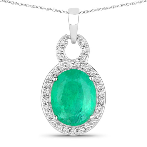 Emerald-2.35 Carat Genuine Zambian Emerald and White Diamond 14K White Gold Pendant