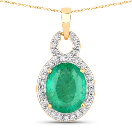 Emerald-2.35 Carat Genuine Zambian Emerald and White Diamond 14K Yellow Gold Pendant