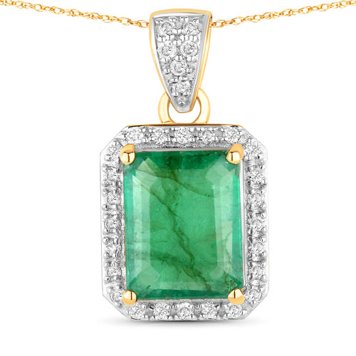 Emerald-3.16 Carat Genuine Zambian Emerald and White Diamond 14K Yellow Gold Pendant