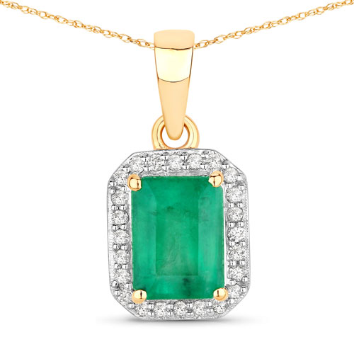 Emerald-1.80 Carat Genuine Zambian Emerald and White Diamond 14K Yellow Gold Pendant