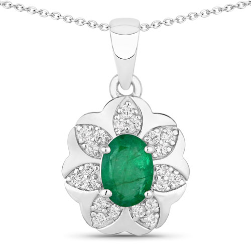 Emerald-0.93 Carat Genuine Zambian Emerald and Lab Grown Diamond .925 Sterling Silver Pendant