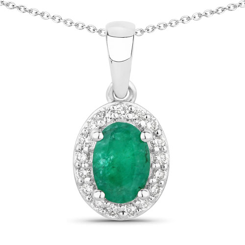 Emerald-0.89 Carat Genuine Zambian Emerald and Lab Grown Diamond .925 Sterling Silver Pendant