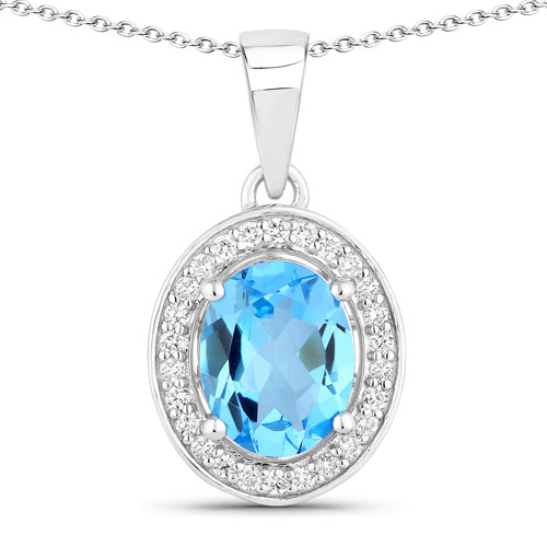 Pendants-2.84 Carat Genuine Swiss Blue Topaz and Lab Grown Diamond .925 Sterling Silver Pendant