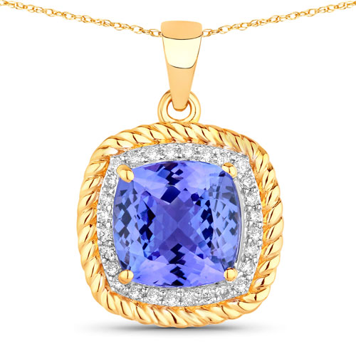 Tanzanite-3.58 Carat Genuine Tanzanite and White Diamond 14K Yellow Gold Pendant