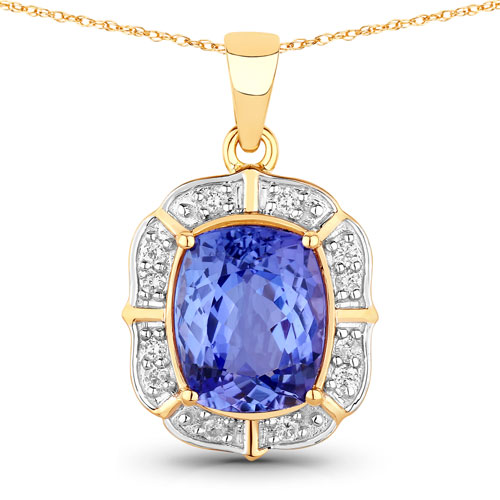 Tanzanite-3.07 Carat Genuine Tanzanite and White Diamond 14K Yellow Gold Pendant