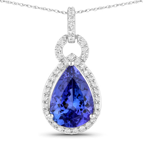 Tanzanite-3.49 Carat Genuine Tanzanite and White Diamond 14K White Gold Pendant