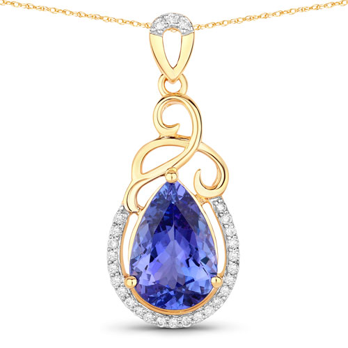 Tanzanite-3.26 Carat Genuine Tanzanite and White Diamond 14K Yellow Gold Pendant