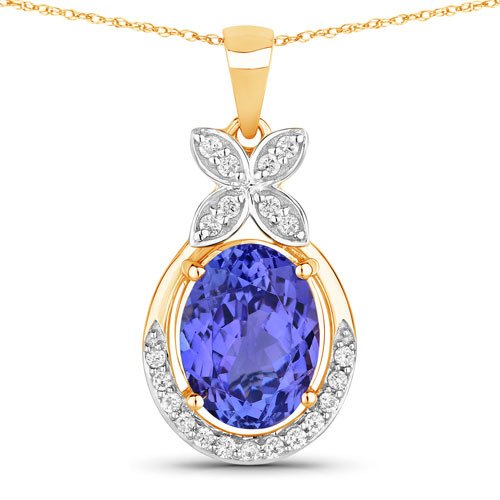 Tanzanite-2.98 Carat Genuine Tanzanite and White Diamond 14K Yellow Gold Pendant