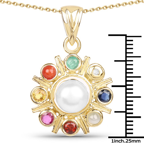 18K Yellow Gold Plated 2.86 Carat Genuine Multi Stone .925 Sterling Silver Pendant