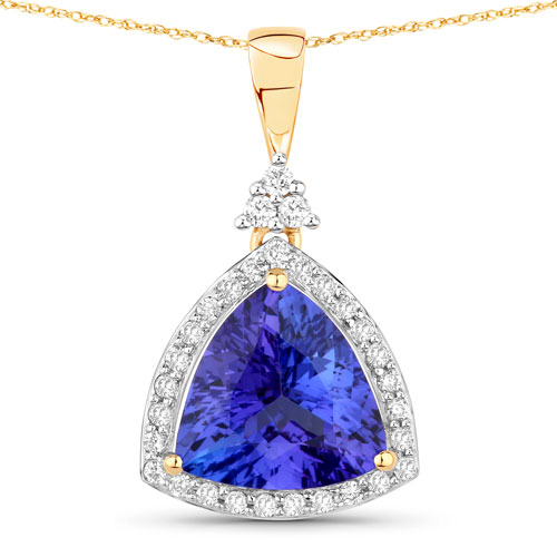 Tanzanite-3.14 Carat Genuine Tanzanite and White Diamond 14K Yellow Gold Pendant