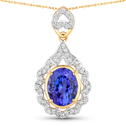 Tanzanite-4.40 Carat Genuine Tanzanite and White Diamond 14K Yellow Gold Pendant