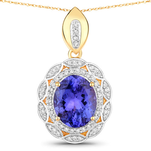 Tanzanite-4.13 Carat Genuine Tanzanite and White Diamond 14K Yellow Gold Pendant