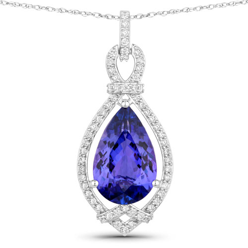 Tanzanite-7.11 Carat Genuine Tanzanite and White Diamond 14K White Gold Pendant