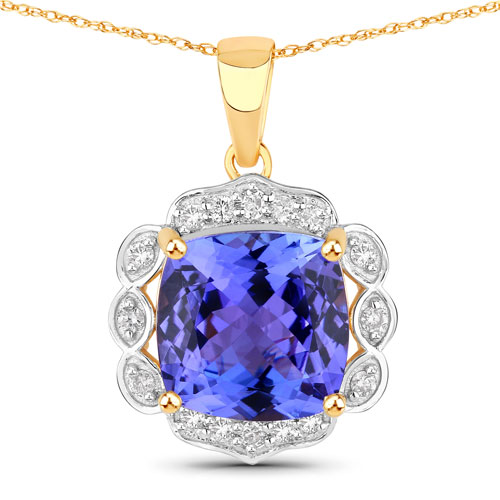 Tanzanite-3.80 Carat Genuine Tanzanite and White Diamond 14K Yellow Gold Pendant