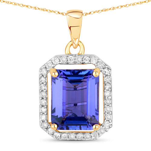 Tanzanite-3.08 Carat Genuine Tanzanite and White Diamond 14K Yellow Gold Pendant