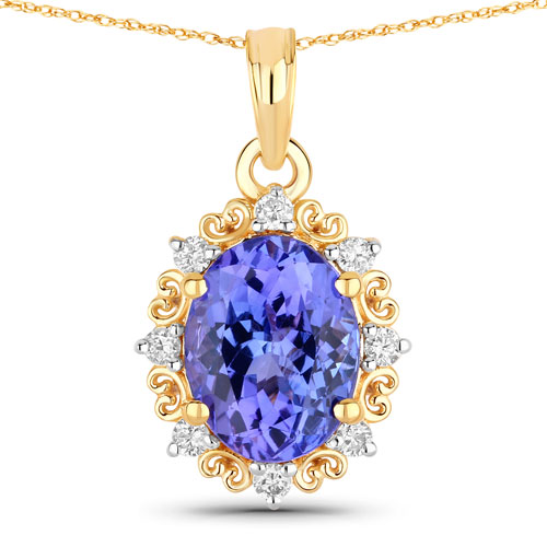 Tanzanite-2.50 Carat Genuine Tanzanite and White Diamond 14K Yellow Gold Pendant