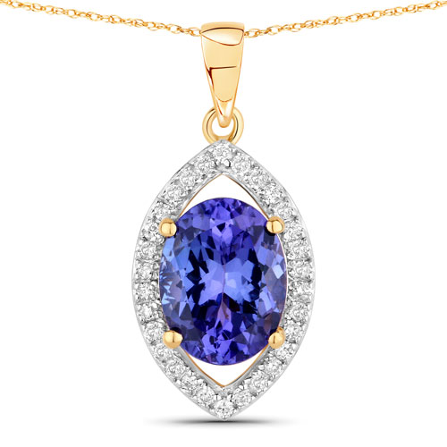 Tanzanite-2.38 Carat Genuine Tanzanite and White Diamond 14K Yellow Gold Pendant