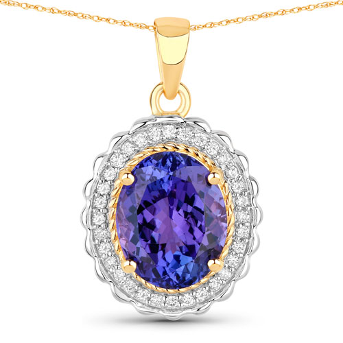 Tanzanite-3.07 Carat Genuine Tanzanite and White Diamond 14K Yellow Gold Pendant